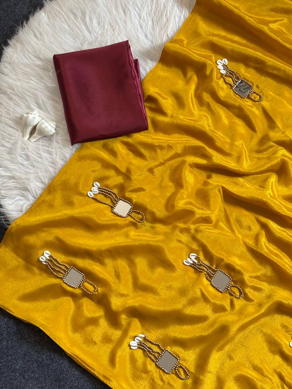 Cream Chinon Saree, Mirror Work, Moti Latkan, Kaudi Details, Contrast Blouse