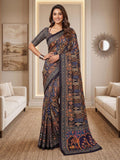Chinon Ajrak Print Saree with Real Mirror Work | Wedding Festive Wear (Unstitched Blouse)