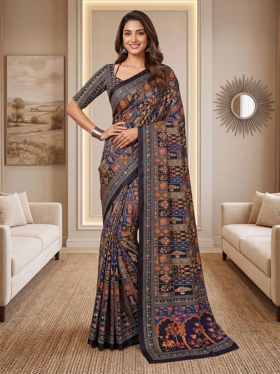 Chinon Ajrak Print Saree with Real Mirror Work | Wedding Festive Wear (Unstitched Blouse)