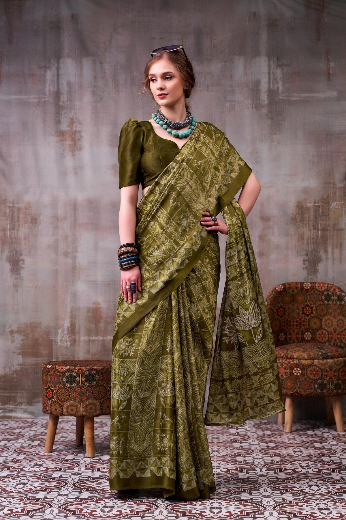 Satin Silk Printed Saree with Unstitched Blouse, Elegant Indian Festive Wear