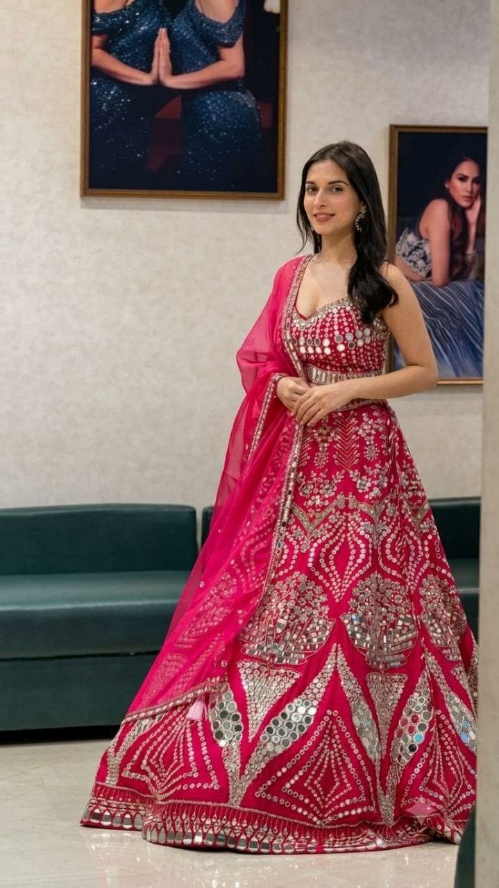 Malai Satin Lehenga Choli Set | Mirror, Sequins, Foil Embroidery | Bridal Outfit (Semi-Stitched)