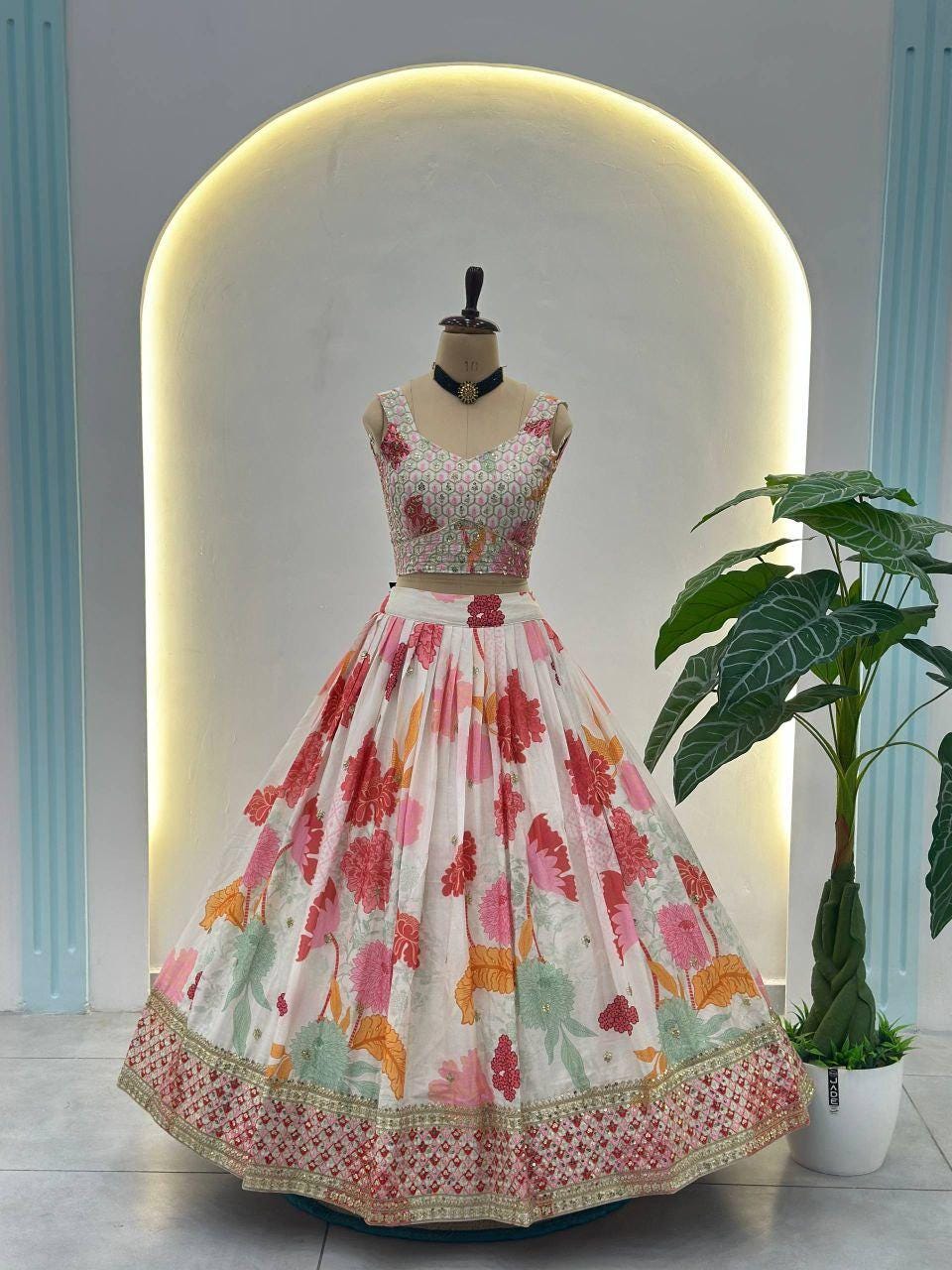 Chinon Silk Lehenga Choli | Digital Print, Sequins Embroidery, 4 Meter Flair, Indian Wedding Wear