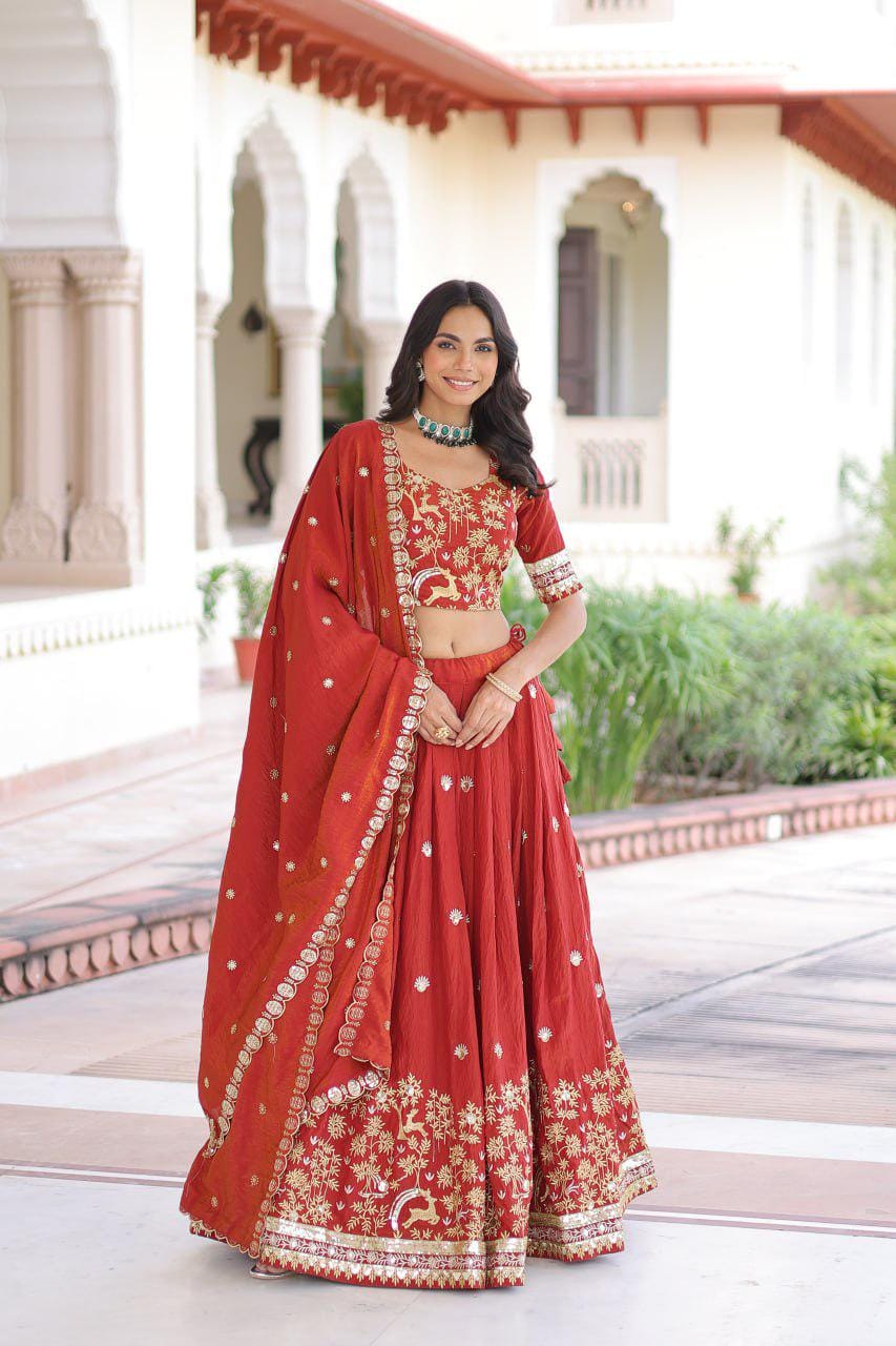 Vichitra Silk Lehenga Choli, Sequins Thread Embroidery, 4 Meter Flare Wedding Set
