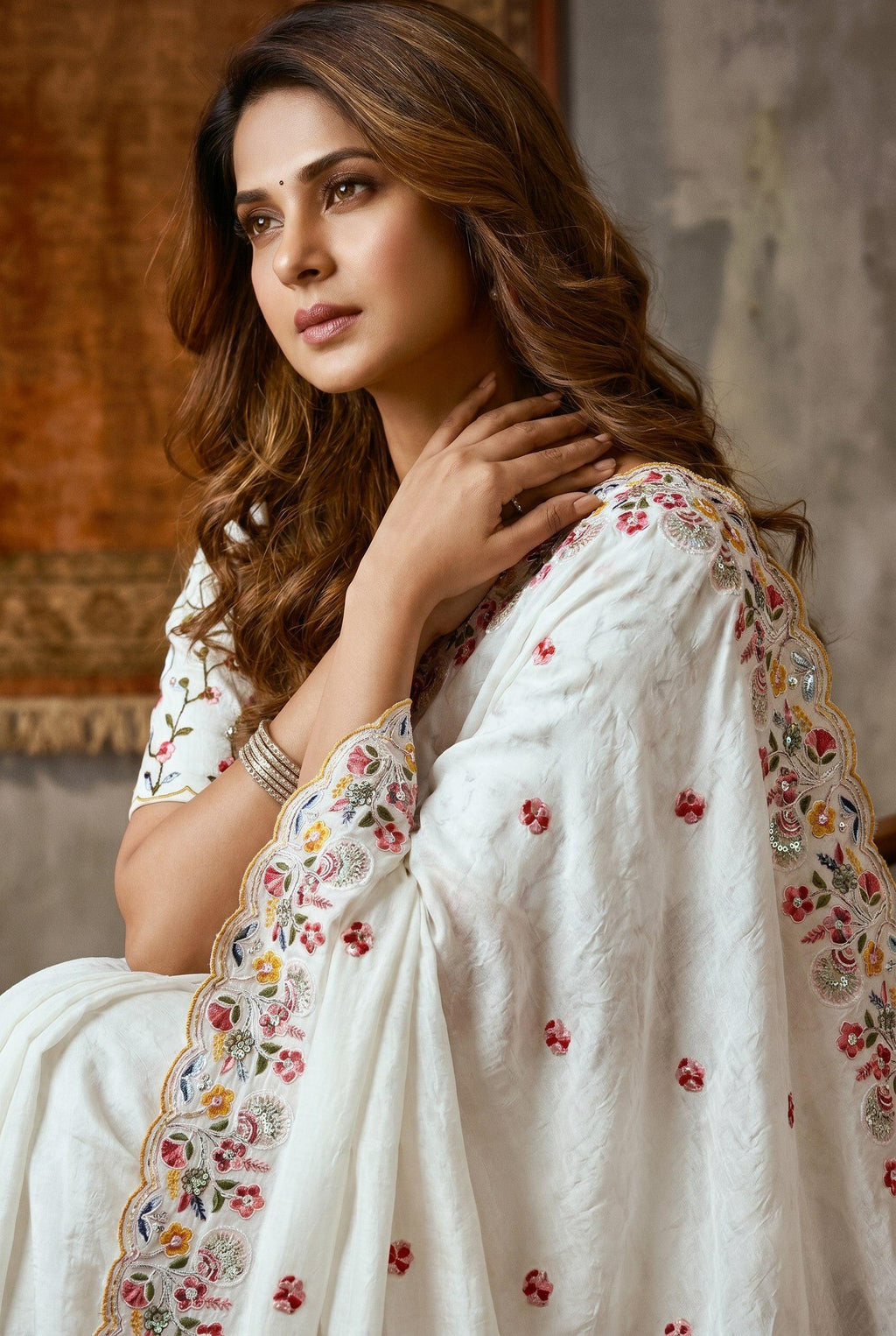 Crush Silk Embroidered Saree with Cutwork Border | Festive Wedding Wear, Mono Banglory Silk Blouse