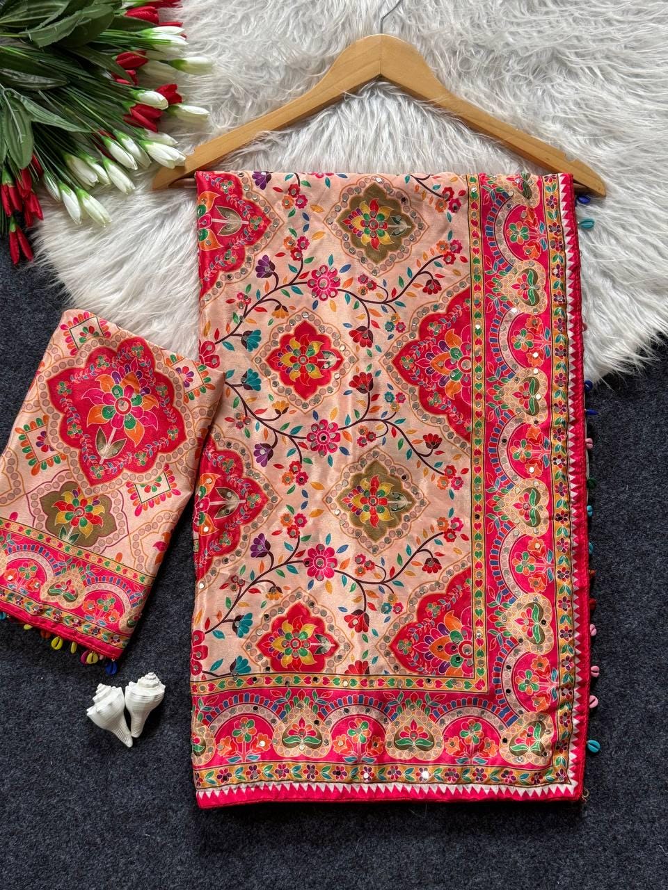 Roman Silk Ajrakh Saree, Real Mirror Work, Festive Wedding Wear, Ethnic Designer Sari