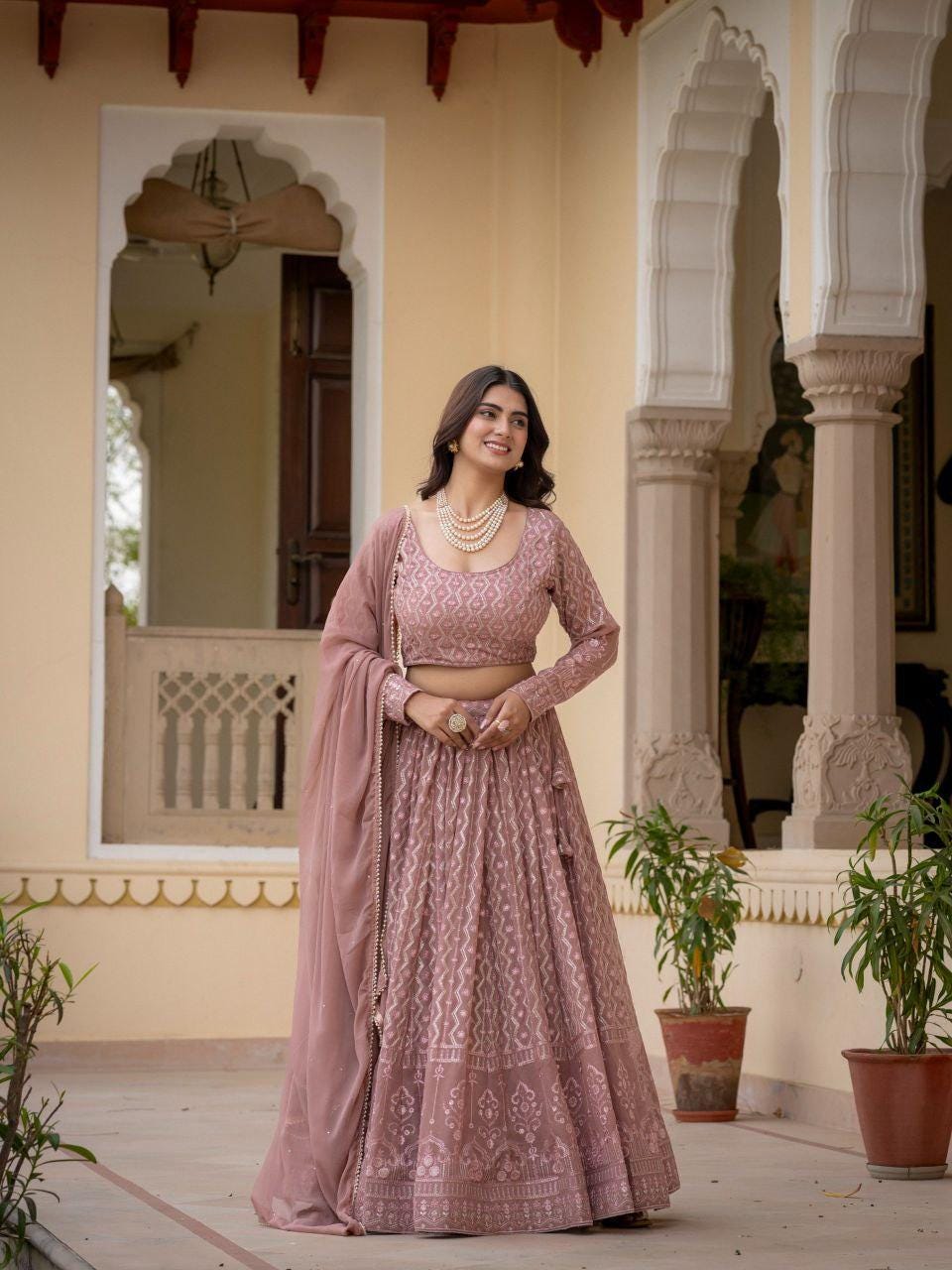 Rosy Brown Faux Georgette Lehenga Choli | Zari Sequin Embroidery, 3.5M Flair, Indian Party Wear