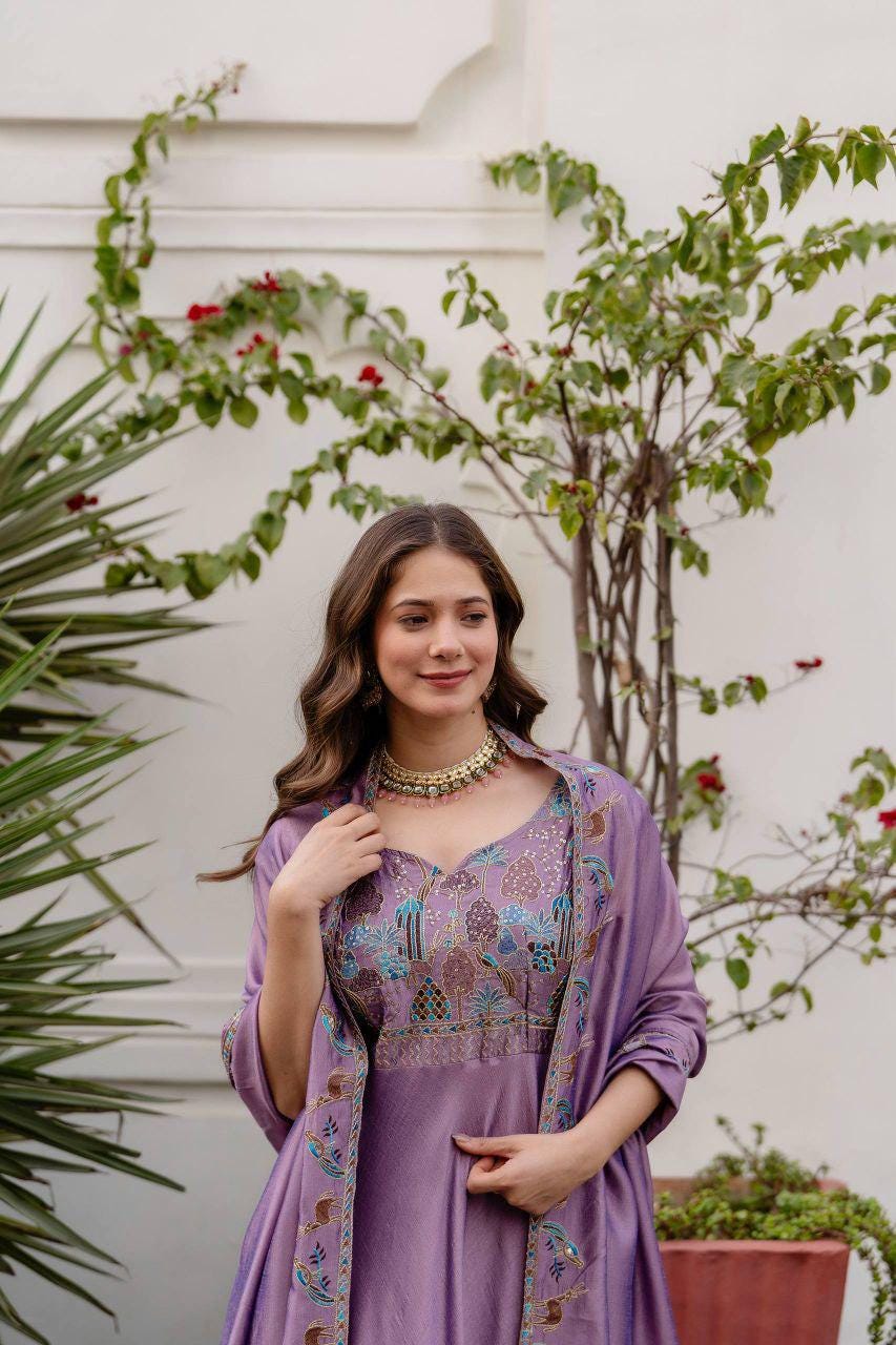Vichitra Silk Embroidered Gown with Dupatta, Festive Party Wear Ethnic Dress