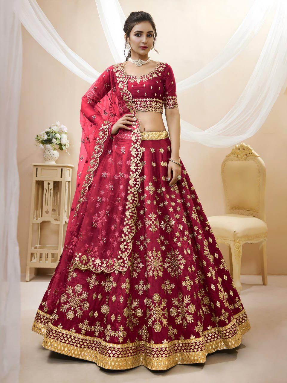 Deep Red Art Silk Lehenga Choli Set, Foil Zari Sequins Embroidery, Semi-Stitched Dupatta