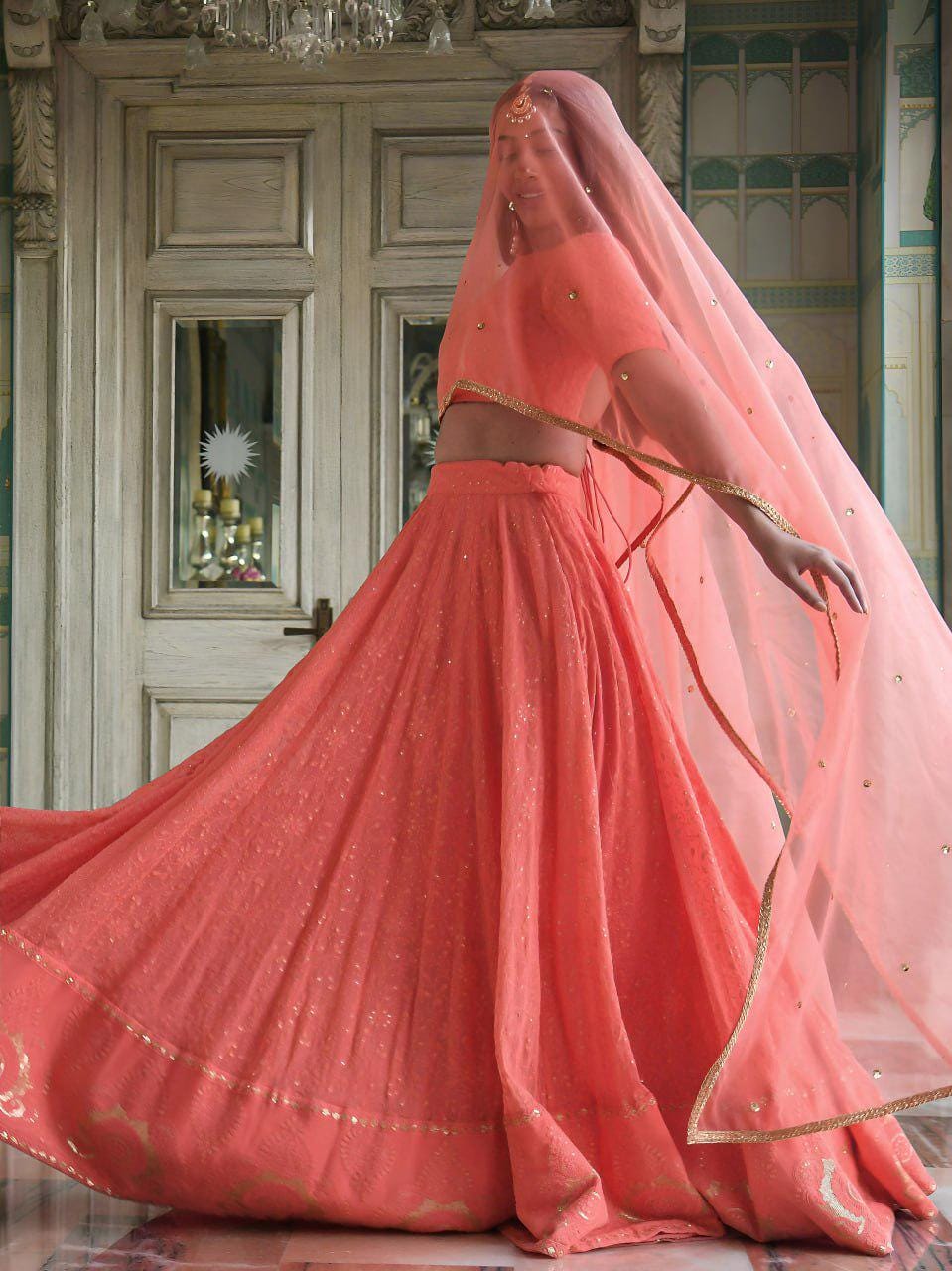 Peach Georgette Lehenga Choli Set | Thread Sequins Embroidered | Semi-Stitched Wedding Outfit