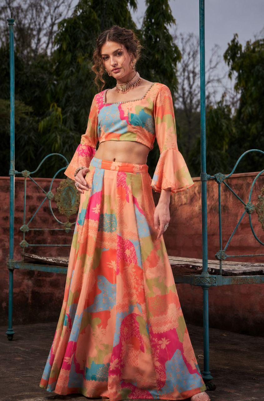Digital Print Georgette Lehenga Choli Set | 5 Meter Flared Ready-to-Wear Indian Outfit