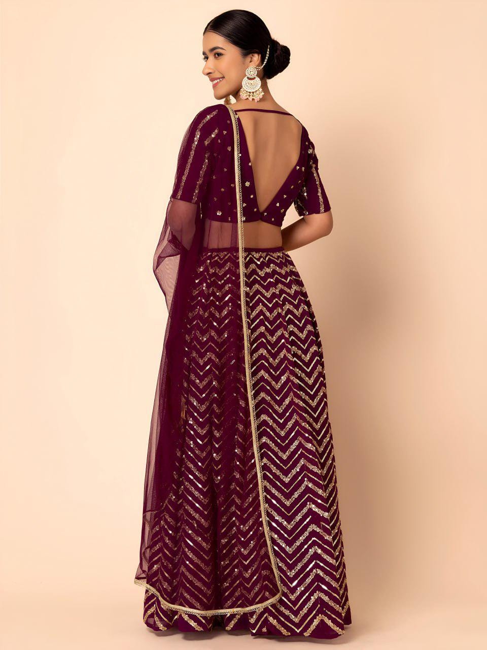 Maroon Georgette Lehenga Choli Set | Sequin Embroidered Semi-Stitched Wedding Party Wear (Dupatta Included)