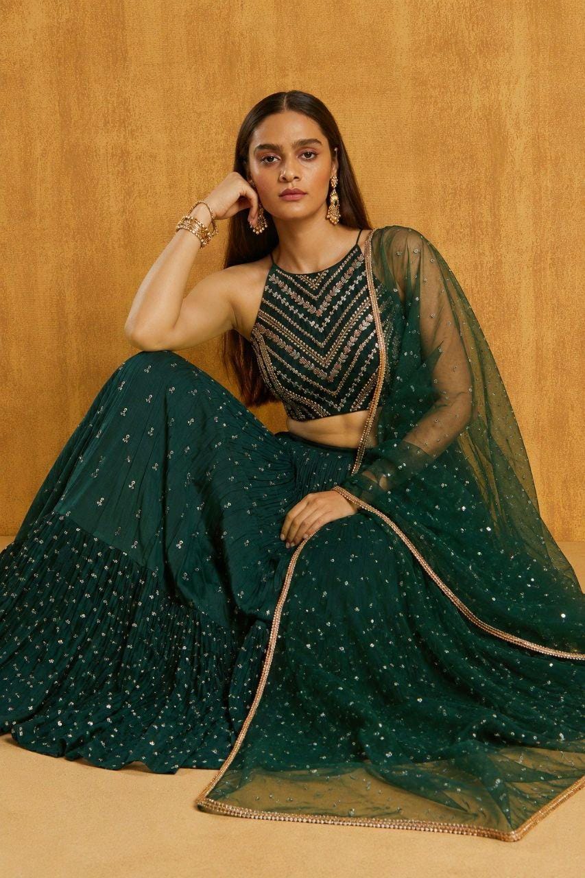 Georgette Lehenga Choli Set, Zari Sequin Embroidery, 7.5 Meter Flare, Wedding Designer Ensemble