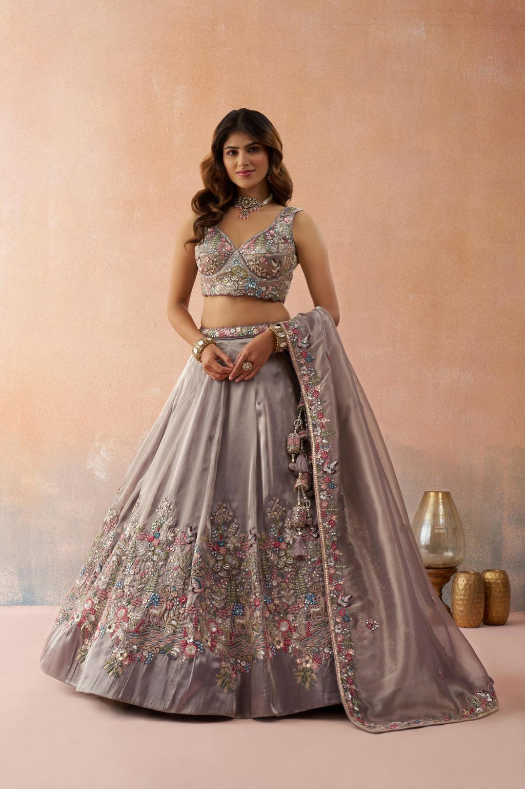Beige Tissue Lehenga Choli, Heavy Sequins Zarkan Embroidery, Bridal Wedding Festive Set