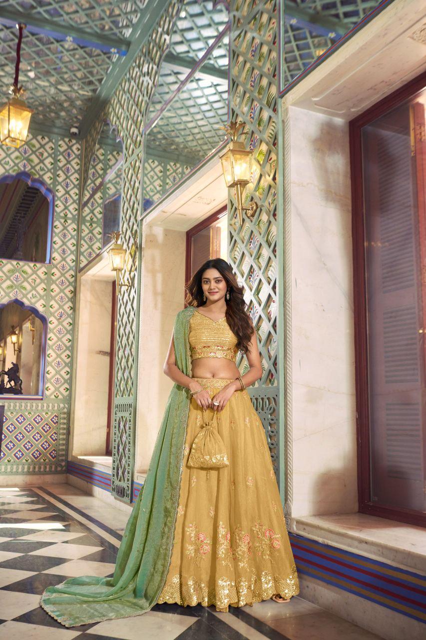 NC Moss Silk Lehenga Choli Set | Sequins, Thread Embroidery, 4 Meter Flair