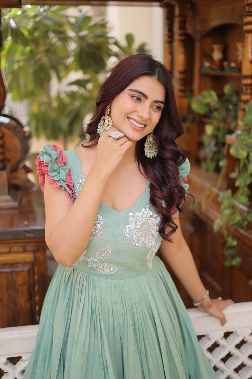 Cotton Anarkali Gown, Sequins Beads Embroidery, Festive Party Dress