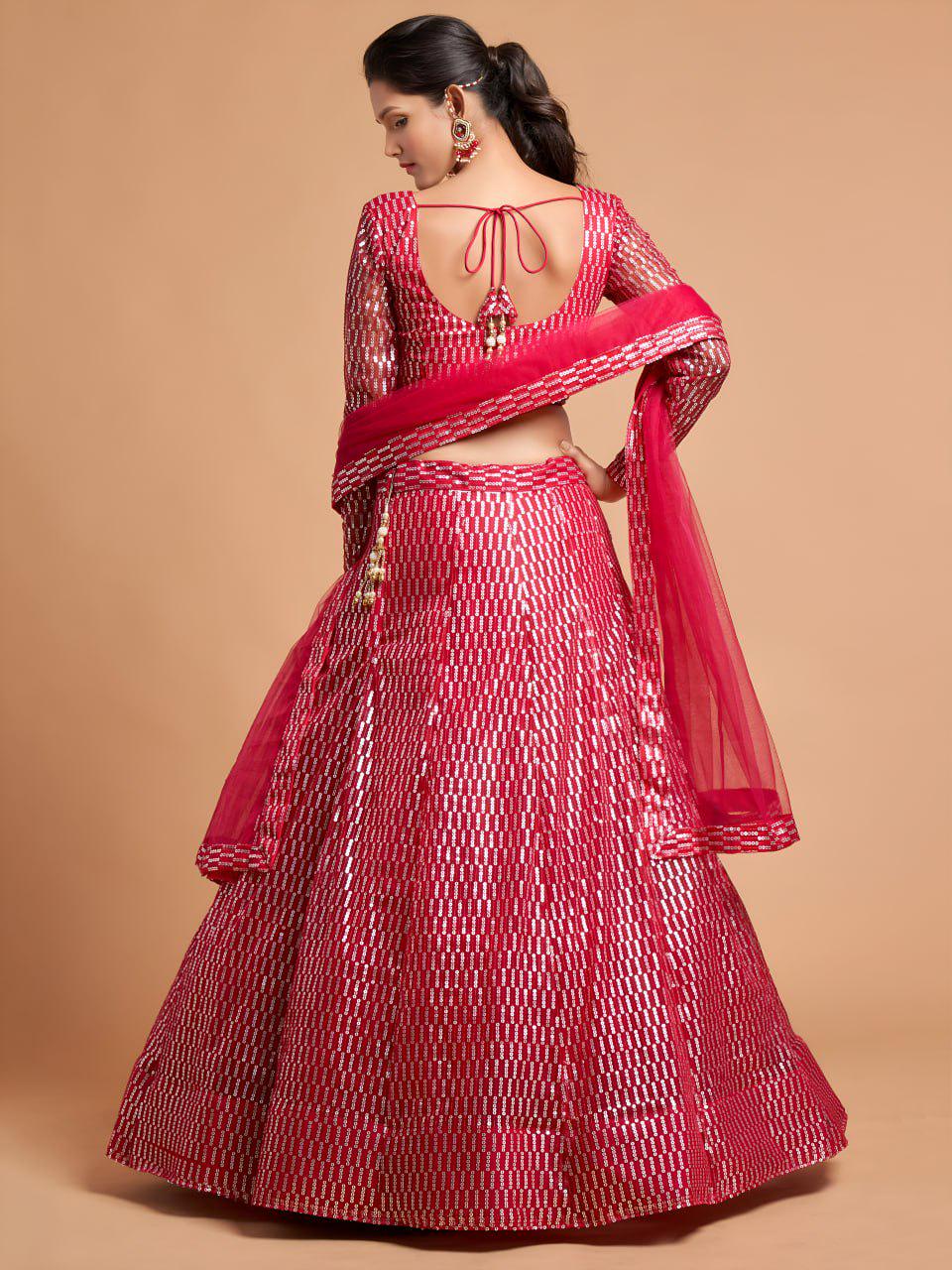 Pink Sequin Embroidered Lehenga Choli Set | Soft Net A-Line Wedding Party Wear