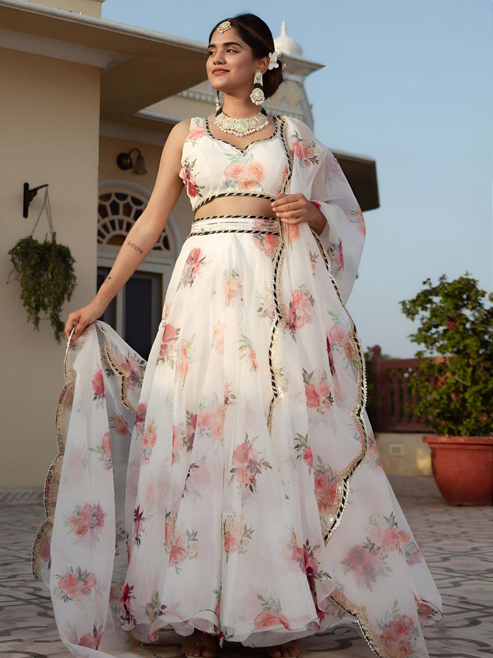 White Floral Organza Lehenga Choli Set with Gota Lace Embroidery