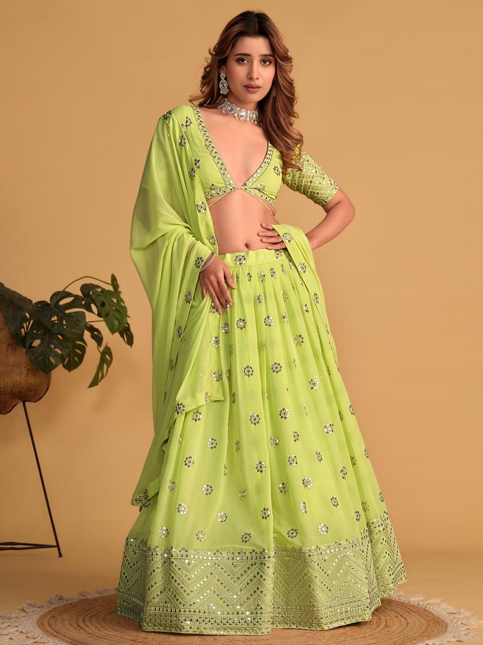 Lime Green Georgette Lehenga Choli Set | Zari Sequins Embroidered Festive Outfit