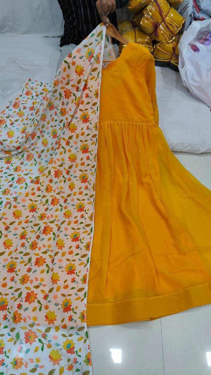 Georgette Anarkali Gown with Digital Print Dupatta, Festive Ethnic Dress
