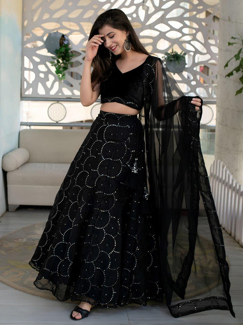 Black Organza Lehenga Choli, Velvet Blouse, Sequins Embroidery Wedding Outfit
