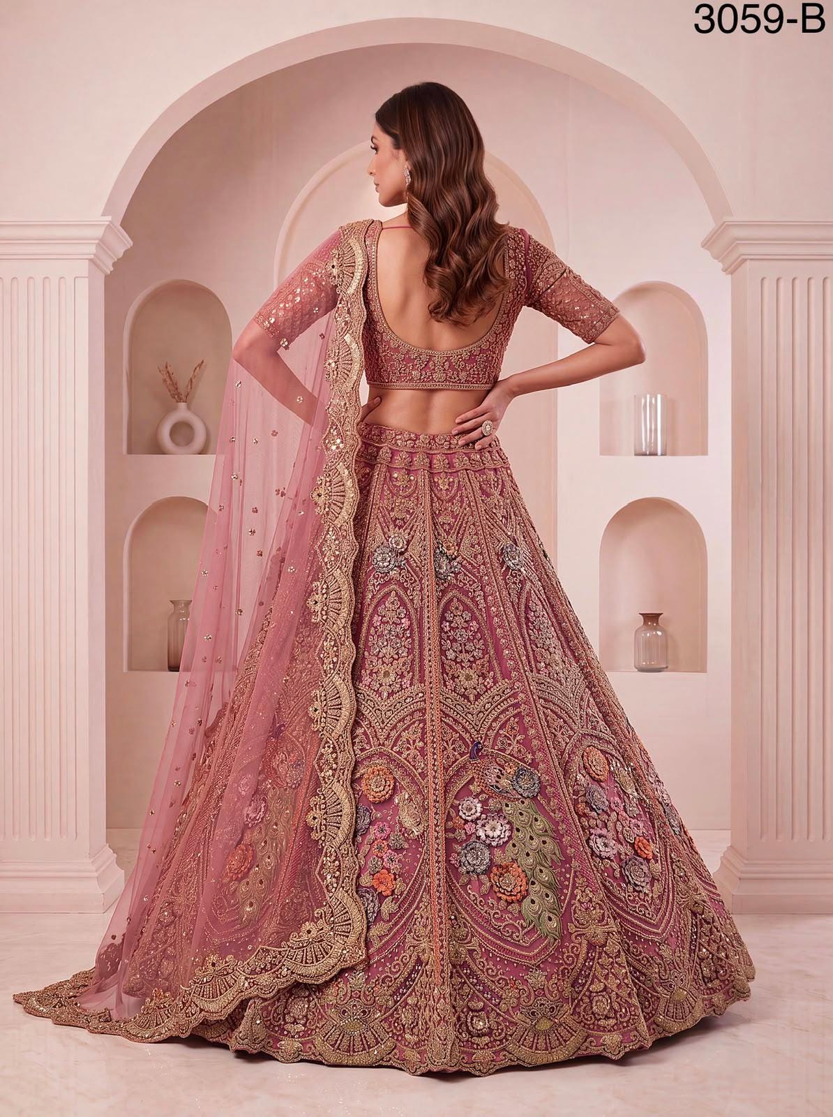 Luxury Peacock Embroidered Bridal Lehenga Choli Set | Zari Sequins Zircon Net Wedding Wear