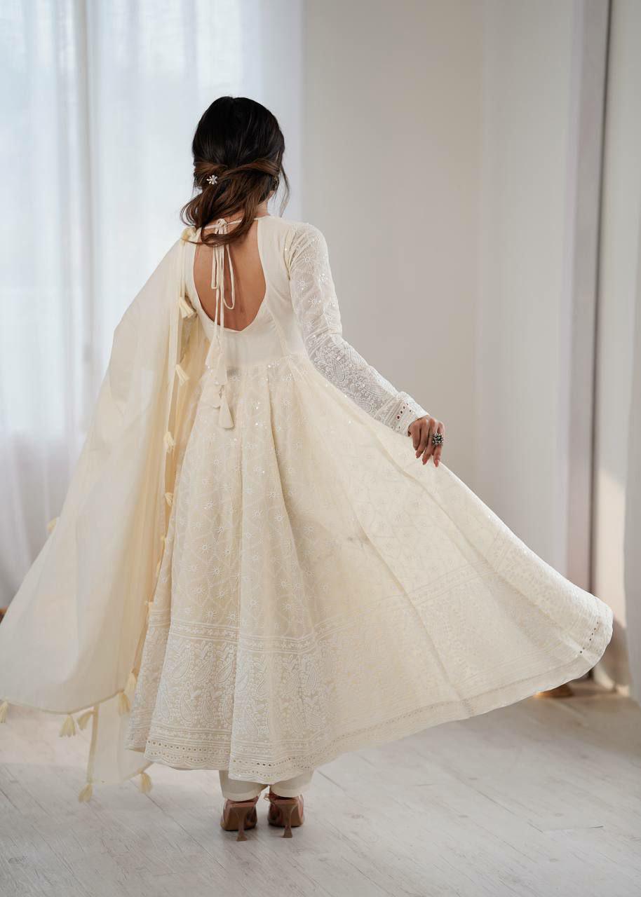 Pure Kora Cotton Anarkali Gown Set, Schiffli Embroidery, Festive Indian Outfit