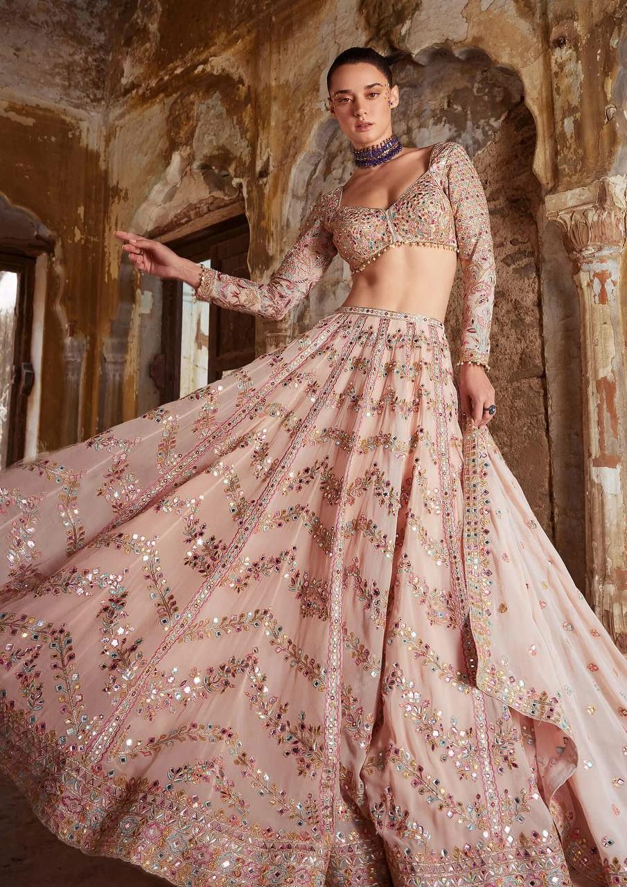Faux Georgette Lehenga Choli, Paper Mirror Zari Thread, 3.25 Meter Flair, Indian Party Wear