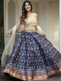 Navy Blue Art Silk Lehenga Choli, Gota Patti Floral Print, Semi Stitched Set