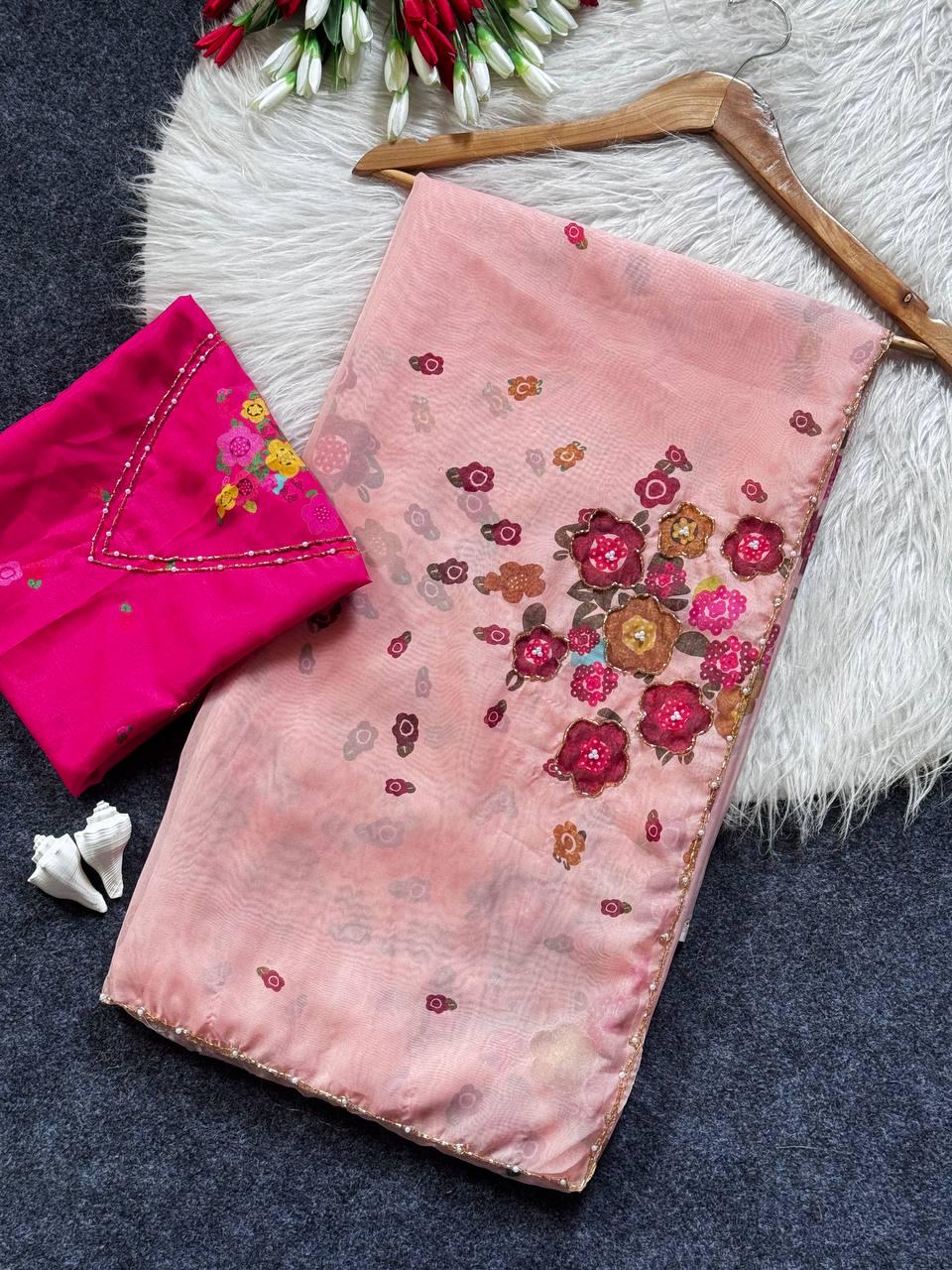 Soft Tabi Floral Print Saree with Cut Dana Handwork, Summer Party Wear Chinon Blouse