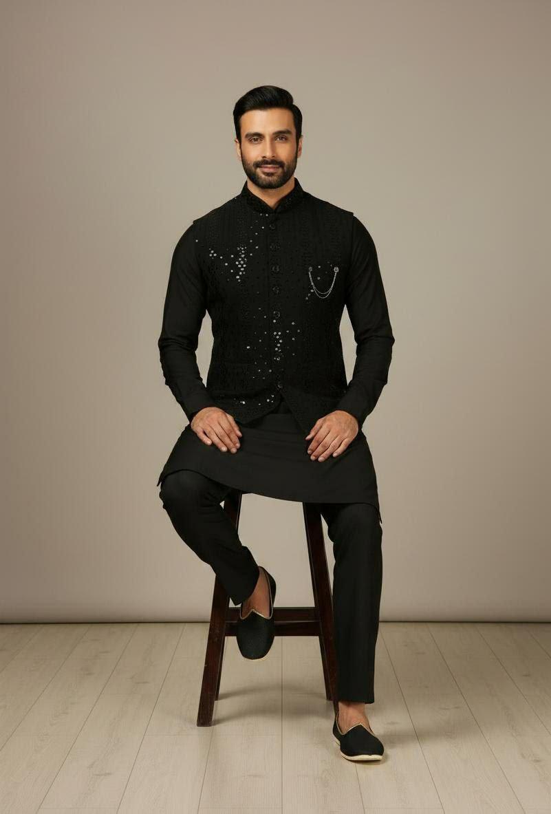 Chanderi Kurta Pant Set with Embroidered Koti | Festive Wedding Party Wear 3-Piece Outfit