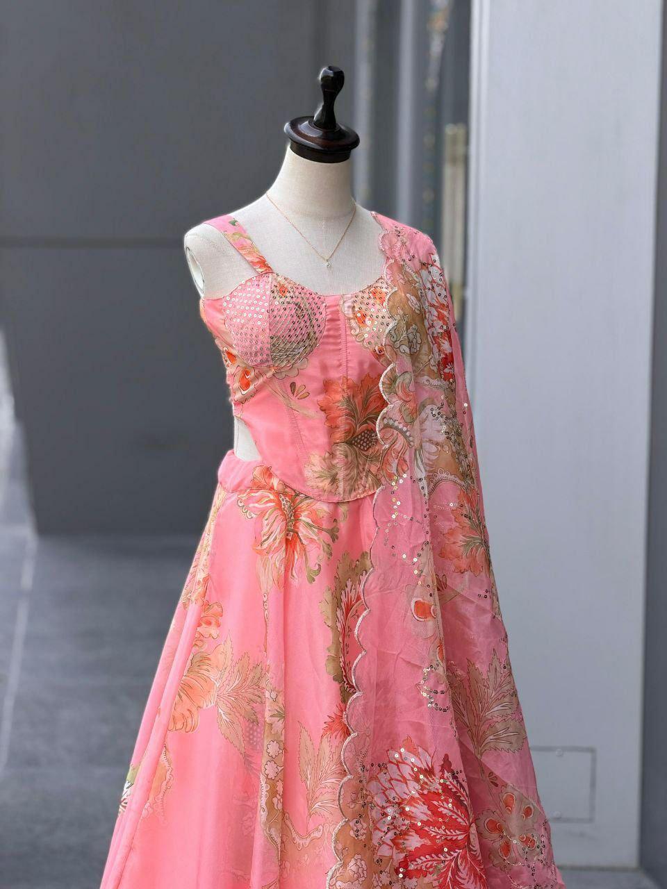 Pure Organza Digital Print Lehenga Choli Set | Corset Blouse, Sequin Embroidery, 8 Meter Flare