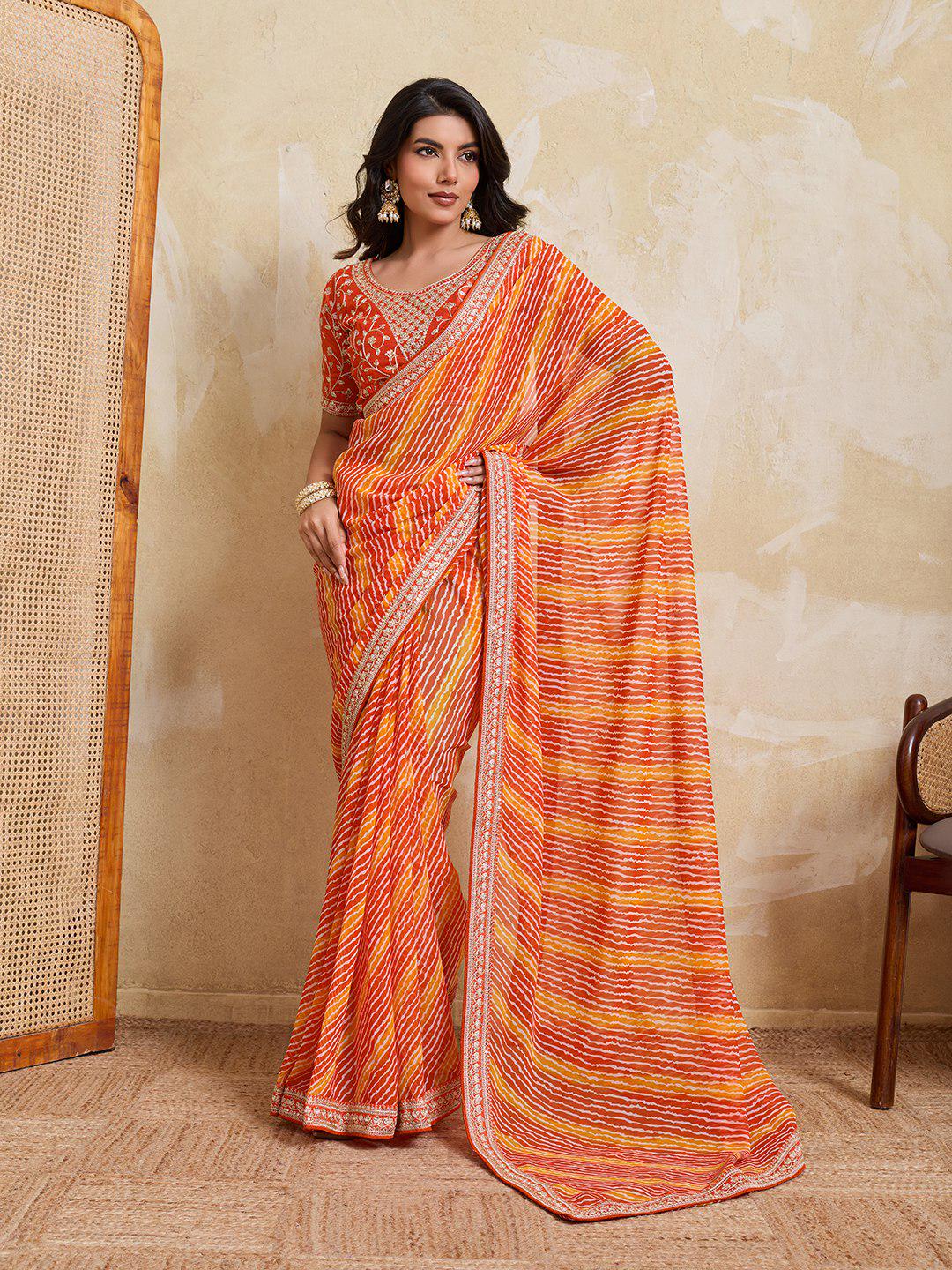 Georgette Bandhej Laheriya Saree with Embroidered Blouse, Festive Wedding Wear