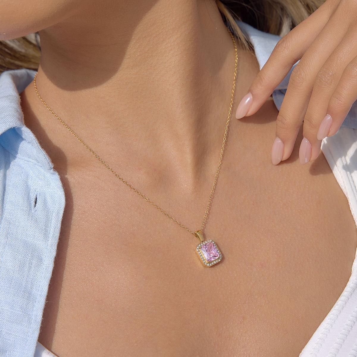 Gold Tone Emerald Cut Pink Crystal Halo Pendant Necklace, Dainty Minimalist Jewelry