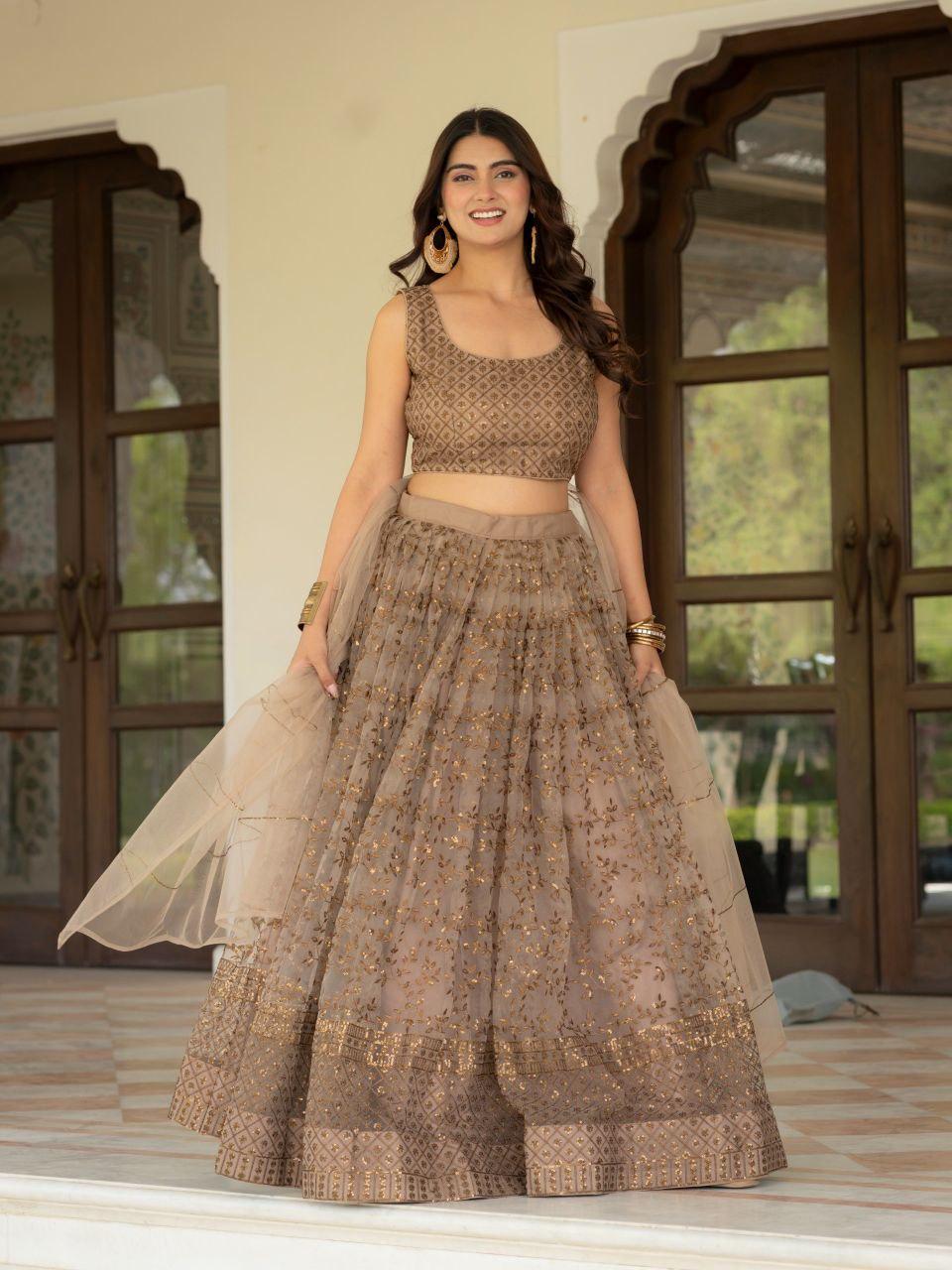 Net Lehenga Choli, Zari Sequins Embroidery, Semi Stitched Bridal Set, Wedding Party Wear
