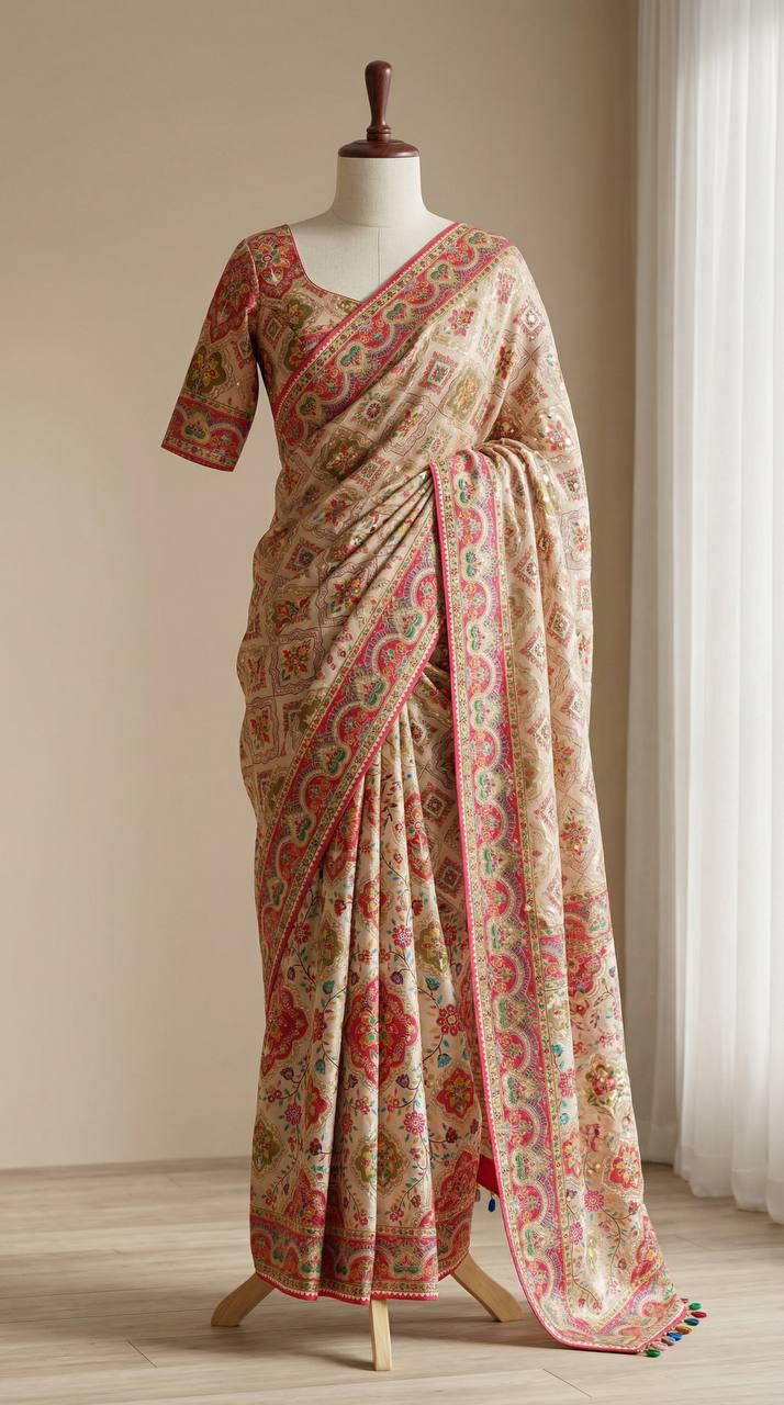Roman Silk Ajrakh Saree, Real Mirror Work, Festive Wedding Wear, Ethnic Designer Sari