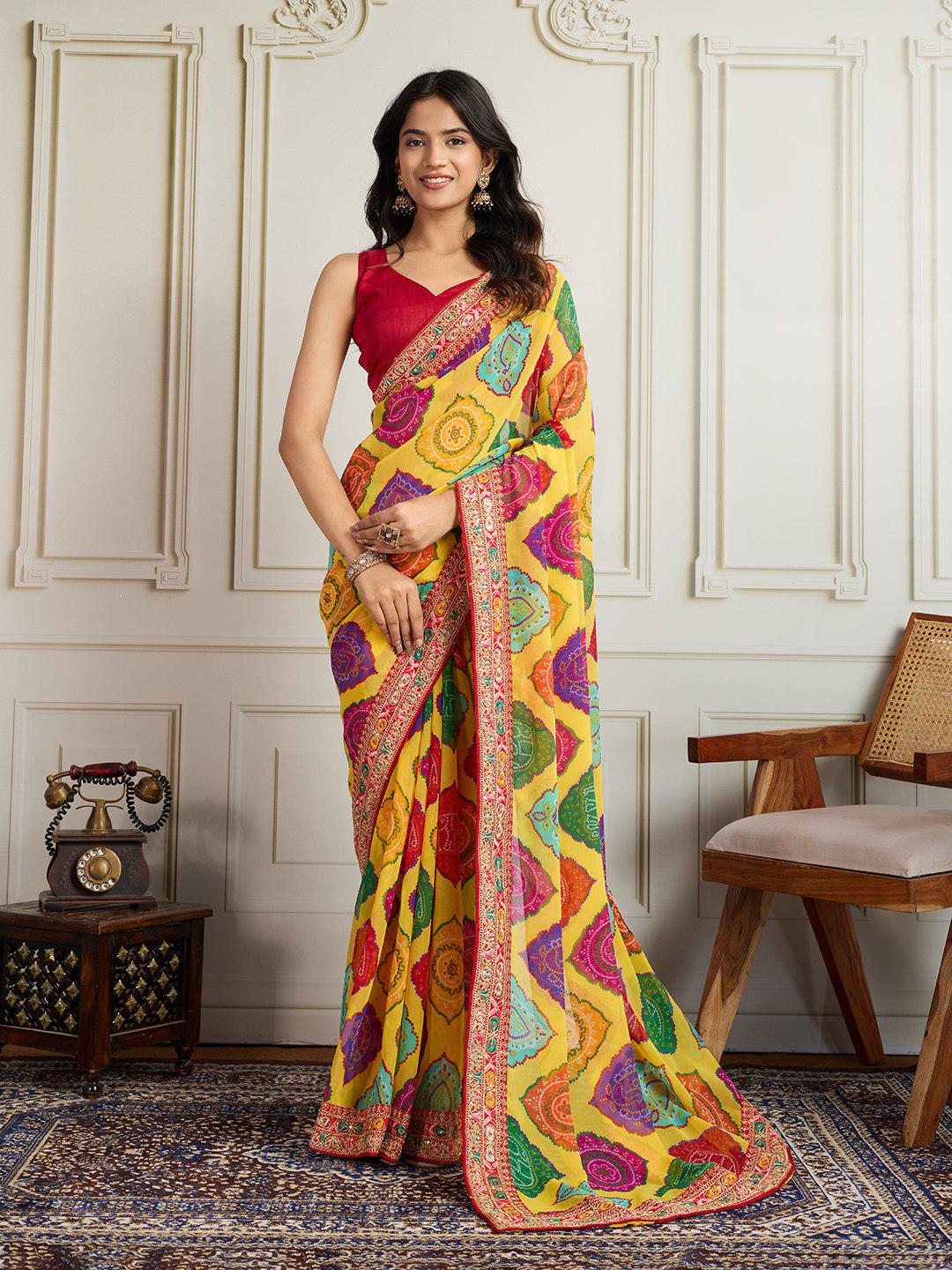 Rajwadi Bandhej Print Georgette Saree | Heavy Embroidered Lace Border, Silk Blouse Piece