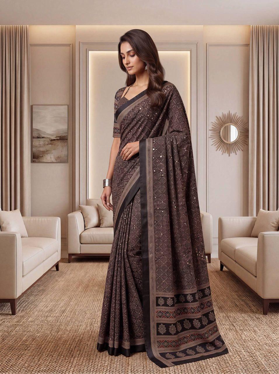 Chinon Ajrak Print Saree with Real Mirror Work | Digital Printed Indian Saree (Unstitched Blouse)