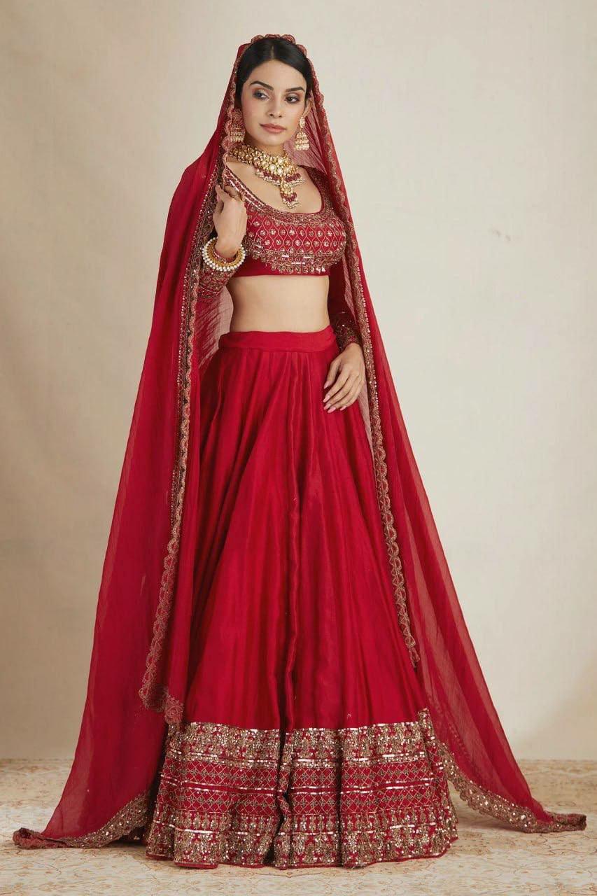 Vichitra Silk Lehenga Choli Set | Embroidered Wedding Bridal Wear, Fully Stitched Dupatta