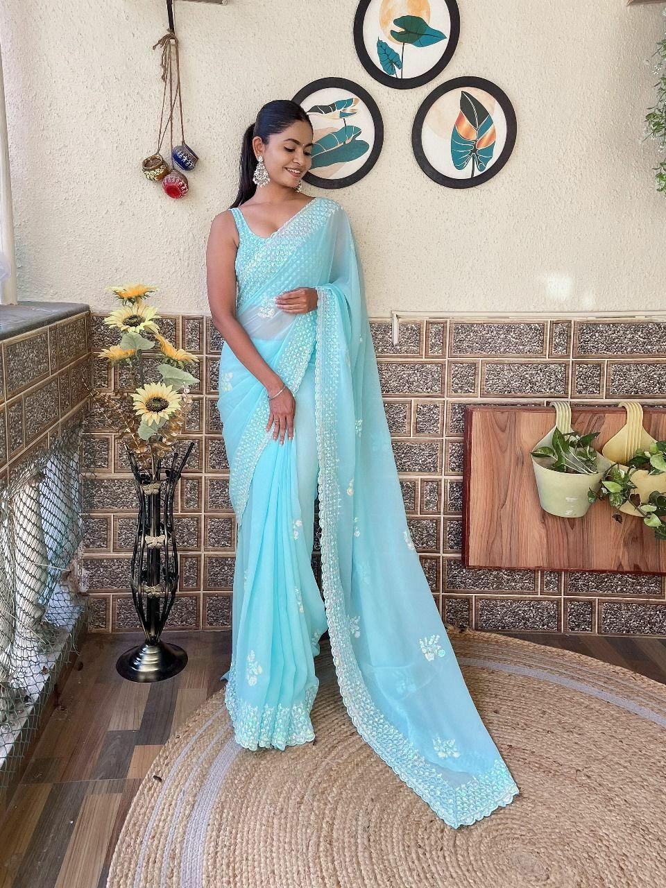 Soft Georgette Embroidered Saree | Sequin Cutwork Border, Diamond Silk Blouse, Party Wear