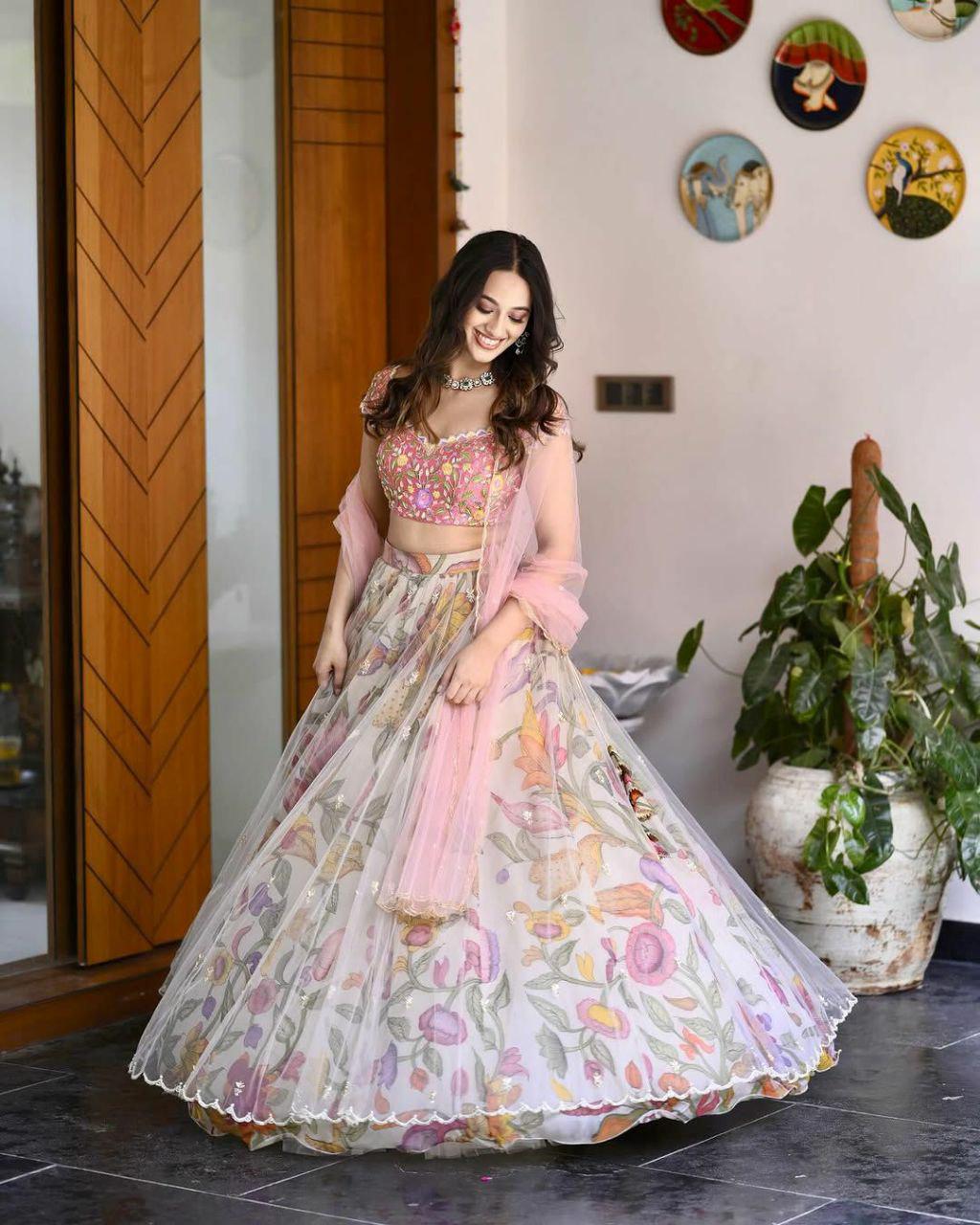 Chinon Silk Printed Lehenga Choli Set, Sequins Embroidered Net Dupatta, Banglory Silk Blouse