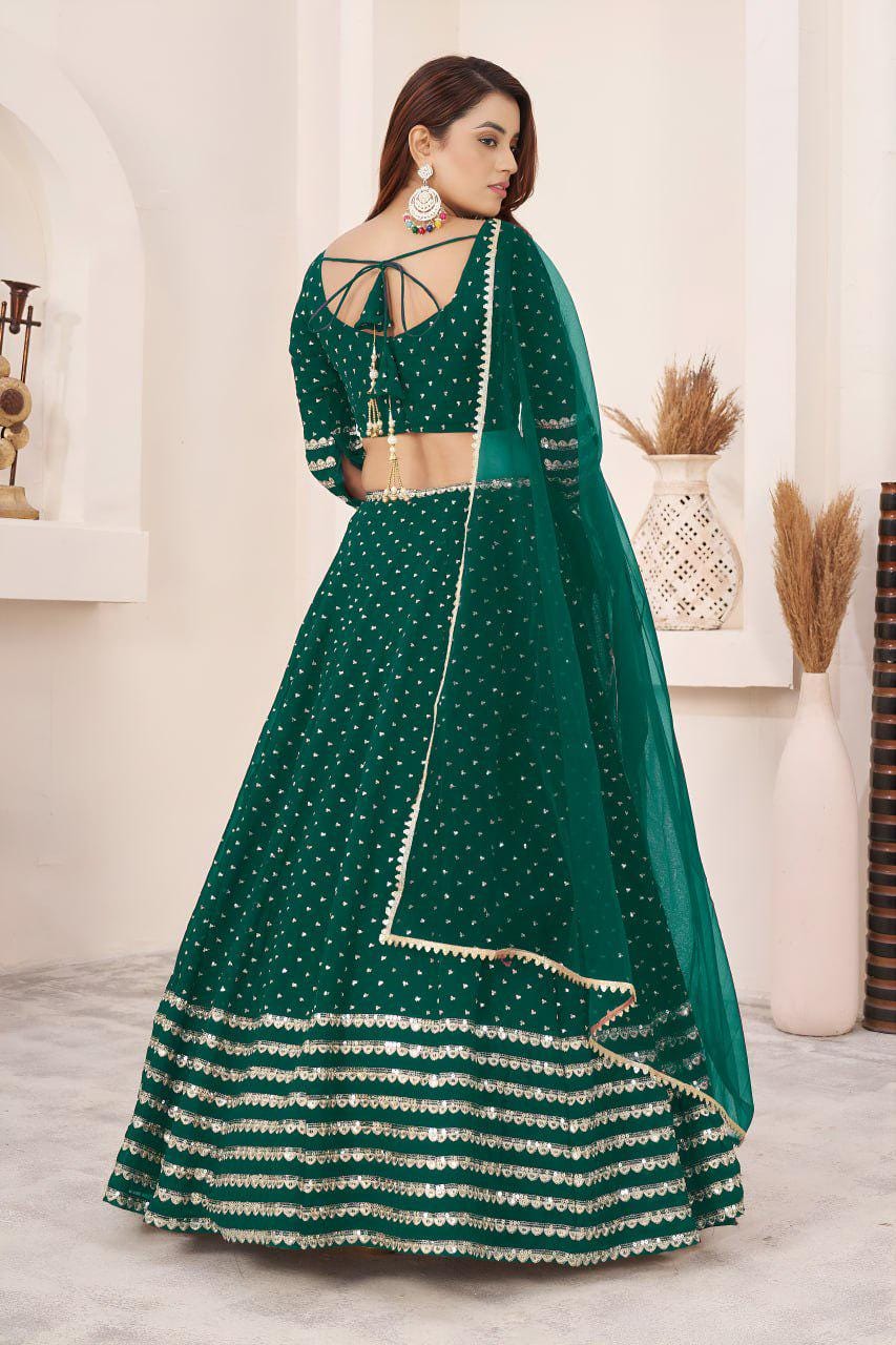 Teal Green Georgette Lehenga Choli Set | Zari Sequins Embroidery, Semi-Stitched Wedding Wear
