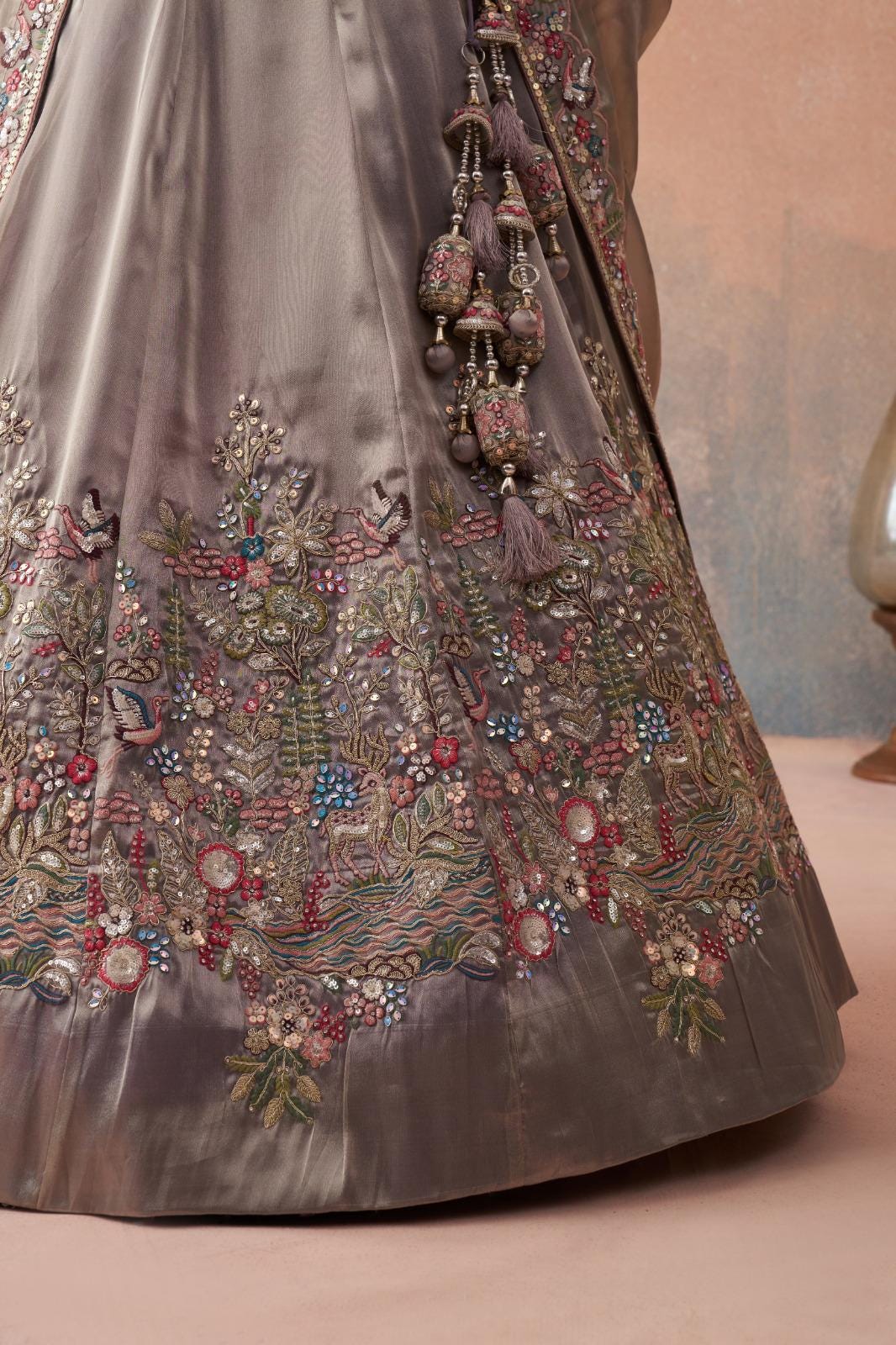 Beige Tissue Lehenga Choli, Heavy Sequins Zarkan Embroidery, Bridal Wedding Festive Set