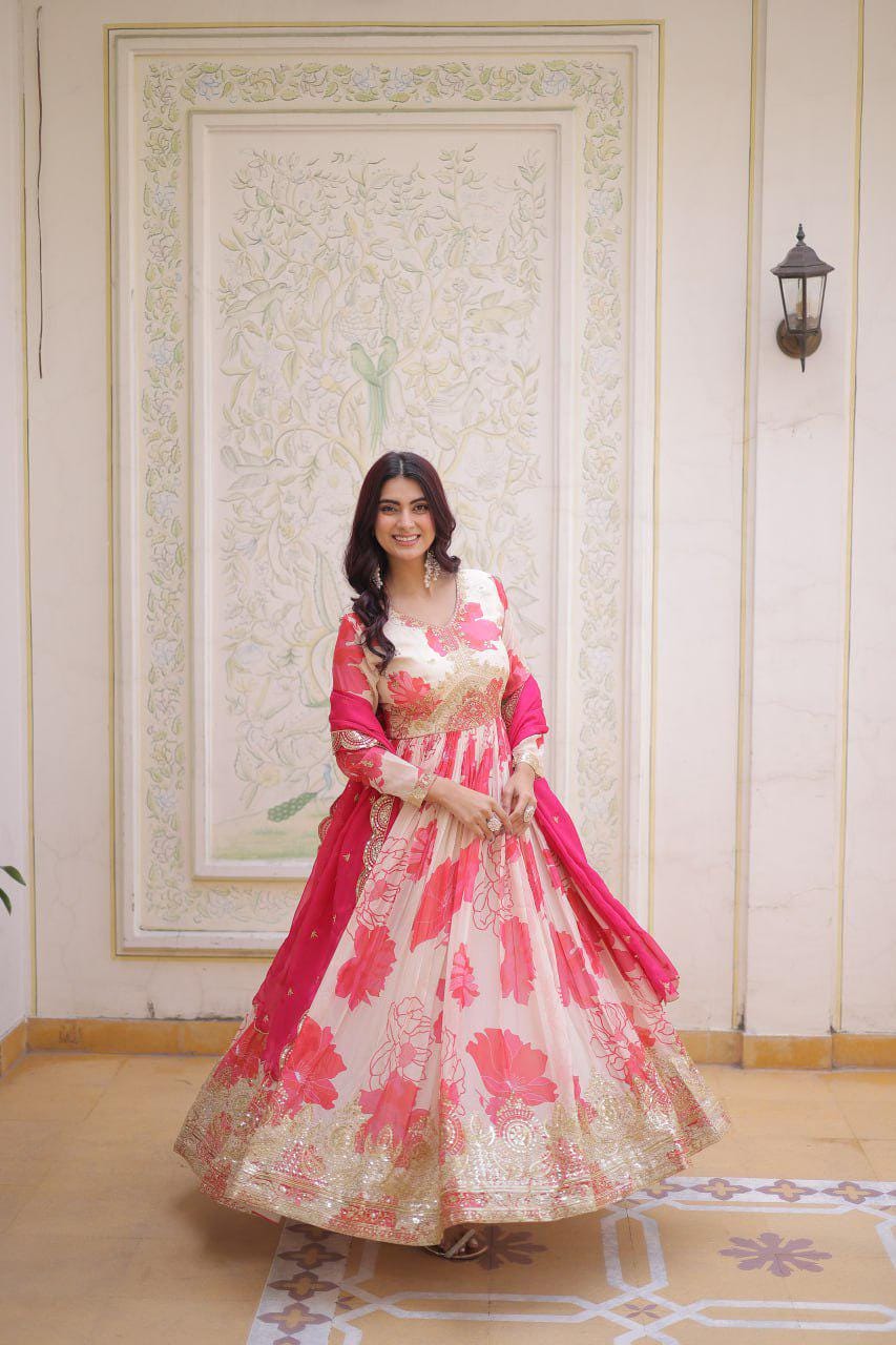Russian Silk Anarkali Gown, Digital Print, Zari Sequins Embroidery, Flared Ethnic Dress