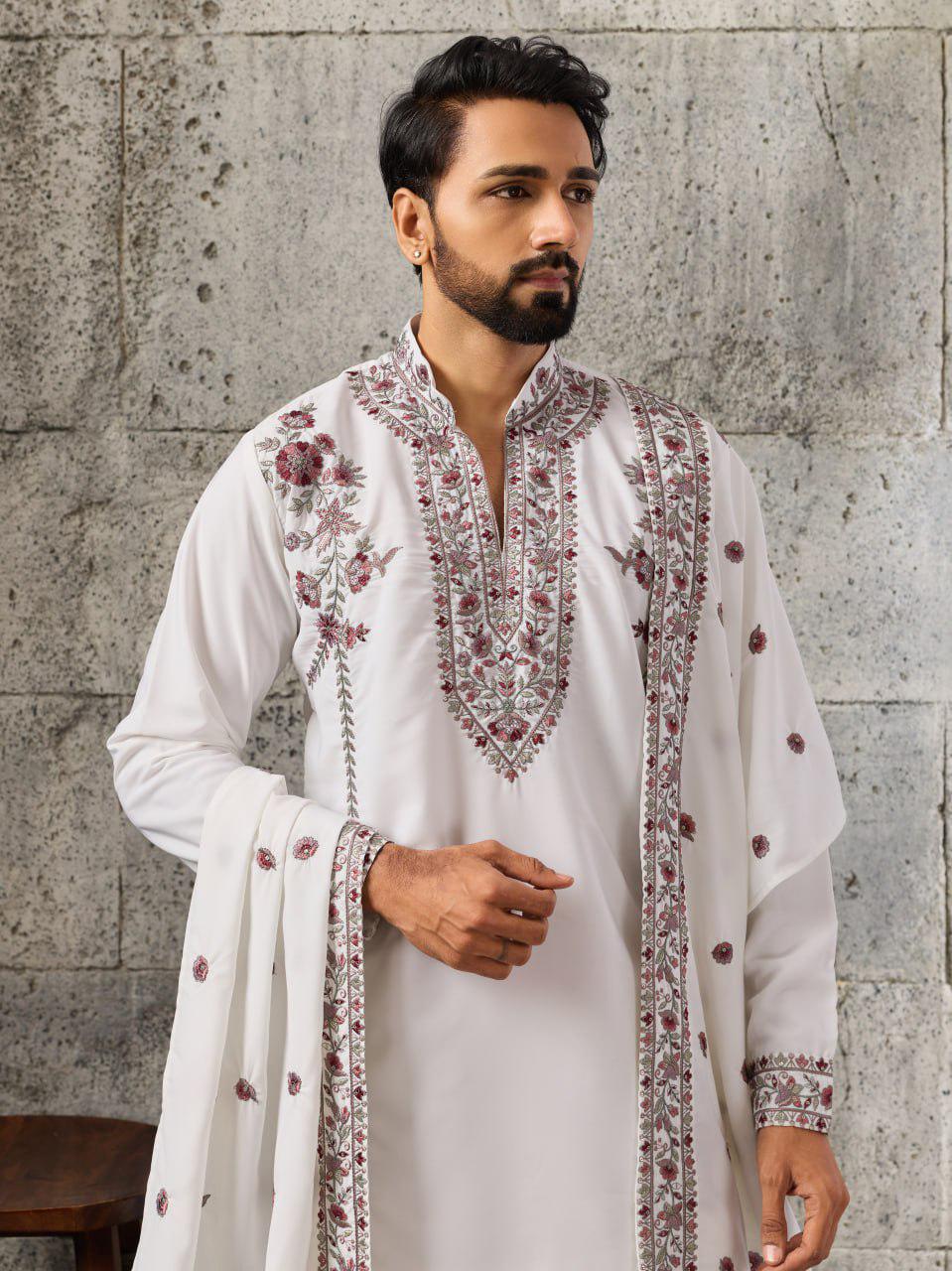 Embroidered Japanese Fabric Kurta Pant Set with Dupatta | Festive Ethnic Wear