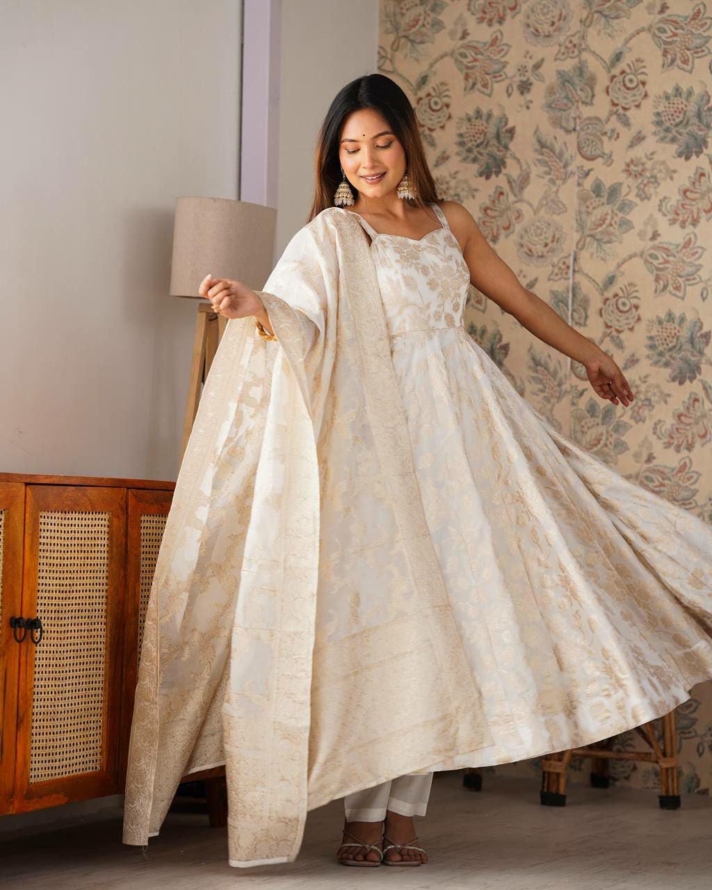 Vichitra Silk Embroidered Gown with Dupatta, Festive Party Wear Ethnic Dress