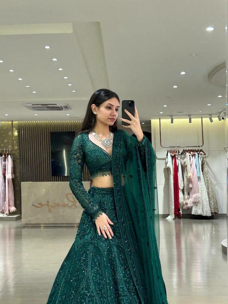 Emerald Net Lehenga Choli Set, Dori Sequins Thread Work, 3.5 Meter Flair