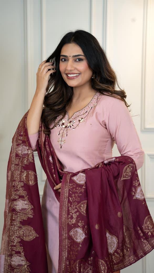 Light Pink Roman Silk Suit Set, Handwork Jacquard Dupatta, Festive Ethnic Wear