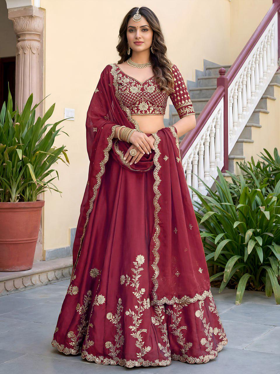 Maroon Rangoli Silk Lehenga Choli Set | Zari Dori Sequins Embroidery, Semi-Stitched Wedding Outfit