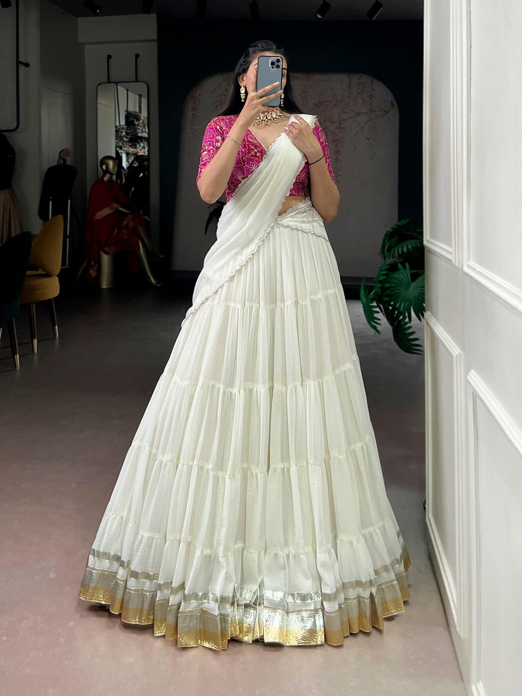 Marble Fabric Lehenga Choli Set, Bandhej Print Blouse, Foil Work Dupatta, 12 Meter Flair