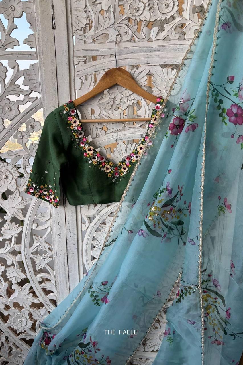 Floral Print Tabi Saree with Cut Dana Handwork, Chinon Blouse, Summer Party Wear